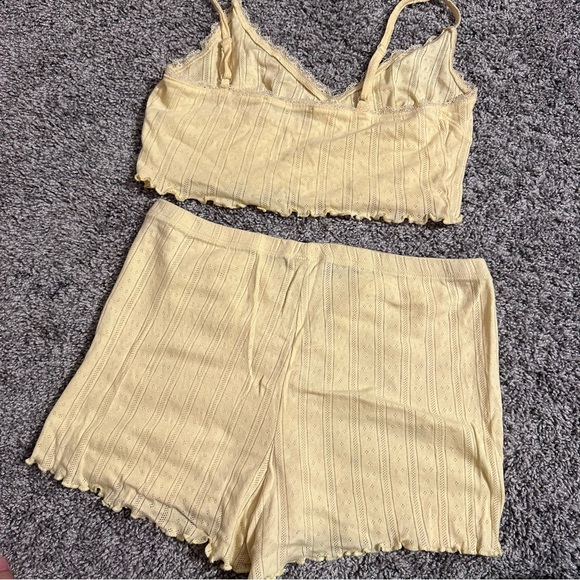NA-KD Yellow Lounge Set Crop Top Shorts Pajama Lounge Set Ruffle Trim - Picture 7 of 7
